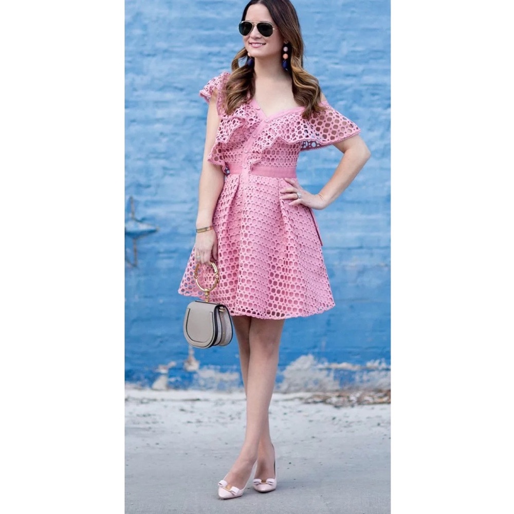 Self Portrait One Shoulder Ruffled Lace Dress